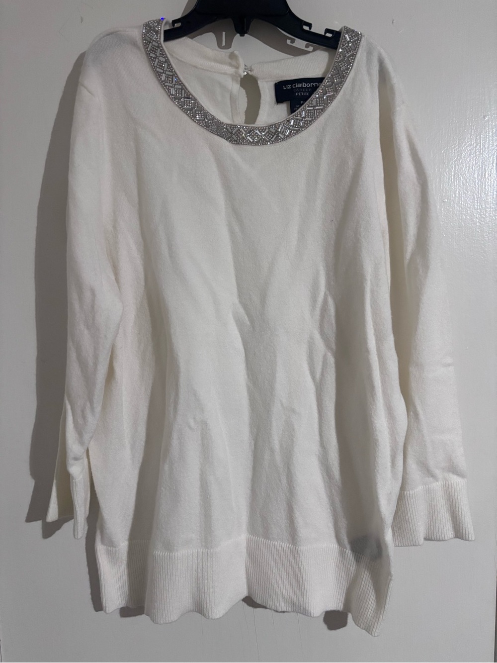 Liz Claiborne white Embellished-Neck Sweater Top
